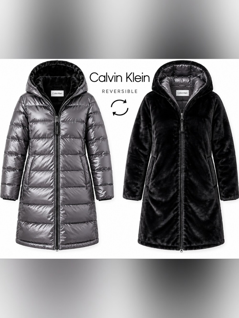 Calvin Klein Reversible Faux Fur Puffer Coat XS Metallic Gray Winter Jacket